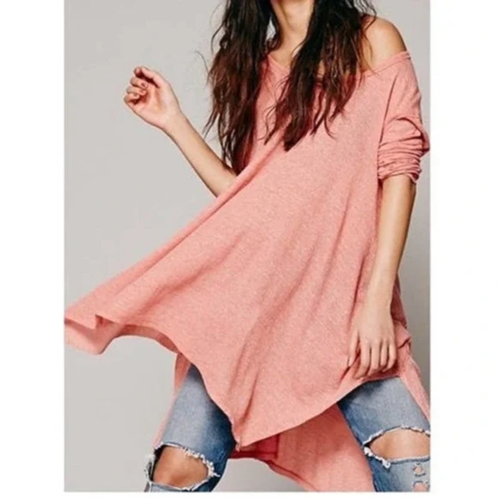 Free People Wonder Woman Waffle Knit Lightweight Tunic Top Coral Pink Size XS